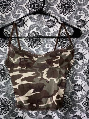 Camouflage Lace Trim Cami Tank Top - Green/Brown
